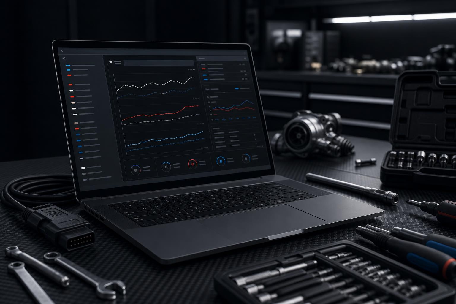GC.LAB workshop with diagnostic laptop and BMW specialist tools